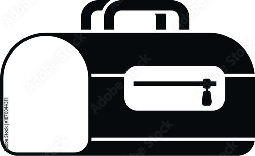 Black and white duffel bag icon featuring a handle and a zippered pocket