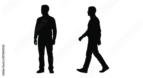 Two men in suits walking one standing presented as a dark silhouette