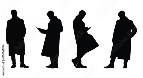 Four individuals in coats displayed as a striking black silhouette
