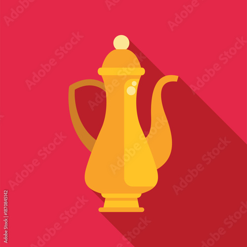 Golden arabic dallah coffee pot with long shadow on a red background illustration