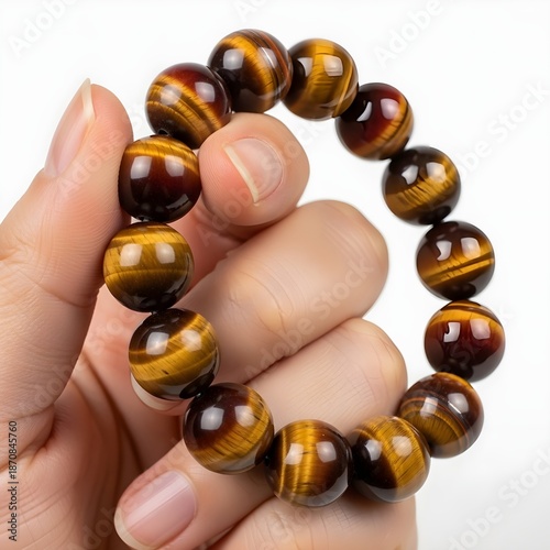 Hand holding a bracelet made of round tiger eye beads with golden brown and black swirl patterns