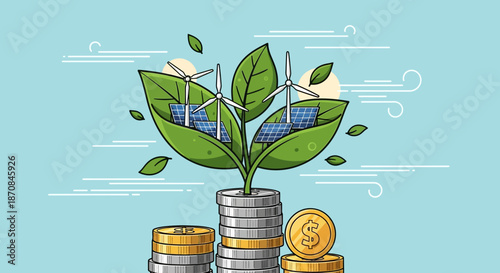Innovative Green Energy Investment Concept Featuring Solar Panels and Wind Turbines Sprouting from