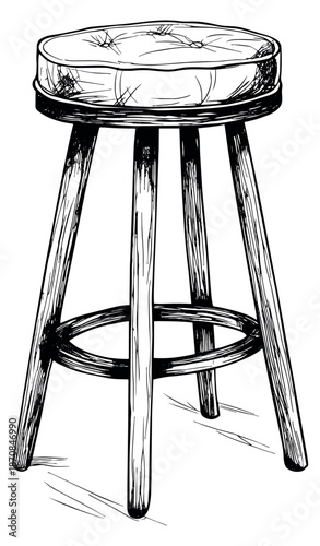 Hand drawn line art illustration of a bar stool depicting a classic upholstered design for home or commercial interior design