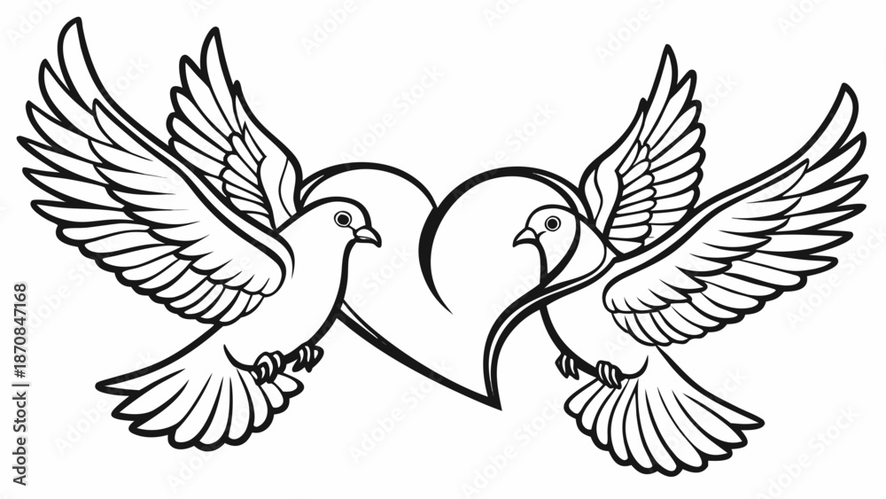 Obraz premium Black and White Vector Graphic of Two Doves Illustration