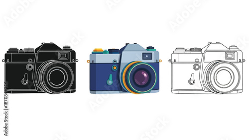 Collection of three distinct vintage camera illustrations showing color silhouette and outline styles