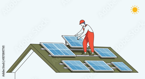 illustration of a person installing solar panels on a house roof symbolizing renewable energy