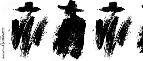 Bold black ink sumi-e silhouette with high contrast brushstrokes for urban design