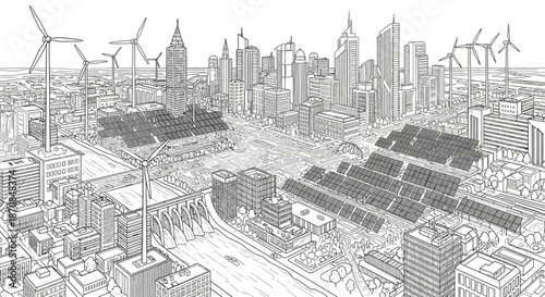 urban cityscape illustration featuring skyscrapers wind turbines and renewable energy