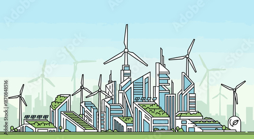 illustration of sustainable urban city with renewable energy sources and green spaces emphasizing