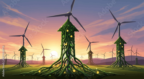 Futuristic wind turbines integrated with fantastical plant-like structures at sunset