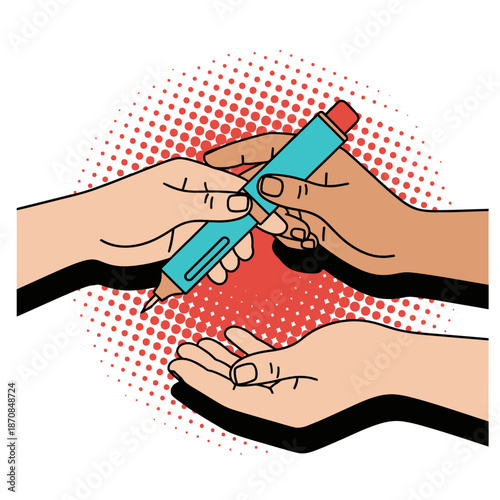 Pop art vector of hands exchanging an insulin pen for diabetes management, storytelling illustration of medical care, support, and healthcare trust with bold outlines and halftone dots on white.