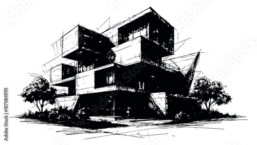 Hand drawn line art illustration of modern building depicting an architectural design for architectural projects