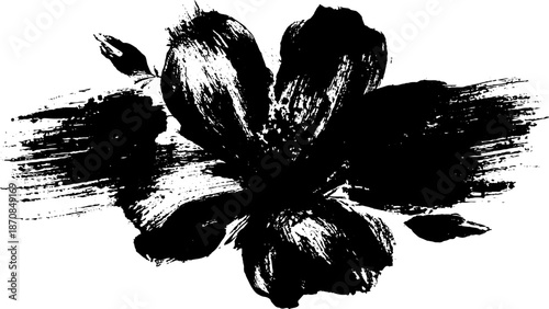 Bold black ink flower illustration with high contrast brush strokes for artistic design