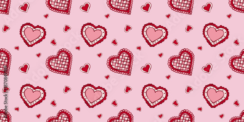 Cute heart lace seamless pattern background. Retro coquette checkered hearts vector illustration. Trendy red girly hearts for Valentines Day banner