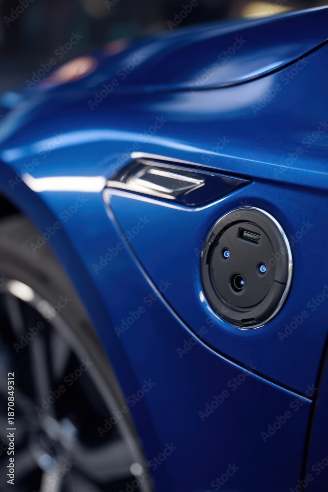 Fototapeta premium Blue Electric Car Charging Port Close-Up: Modern Vehicle Exterior, Eco-Friendly Transportation, Charging Socket Detail, and Sleek Automotive Design Highlighting Innovation