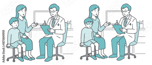 問診と体調不良の男の子と母親セット（男性医師・白衣）