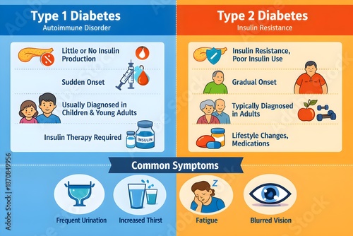 Vector Infographic comparing Type 1 and Type 2 diabetes Split Screen layout icon clear educational 