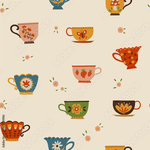 Seamless hand drawn tea cups, mugs pattern with floral folk details. Cozy vintage illustration in warm colors. Ideal for kitchen textiles, packaging, stationery, wallpaper, wrapping paper, home decor
