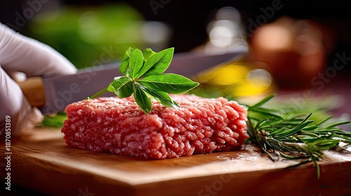 Raw ground meat with herbs and knife on wooden board