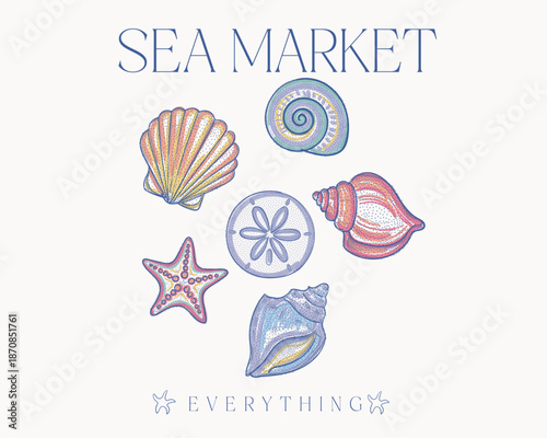 Seashell artwork for t shirt print. Coastal vibes and sea animal. Enjoy beach life. Beach good vibes. Beach modern abstract art. Enjoy beach life.