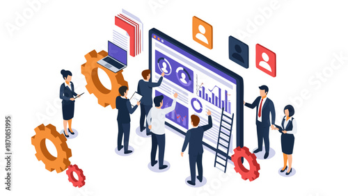 Modern business team analyzing data on a large monitor in a dynamic vector illustration