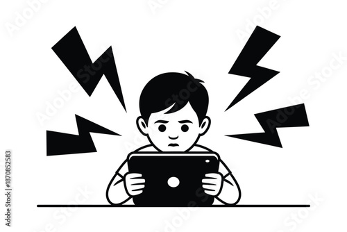 Upset child holding a tablet shows frustration with digital.