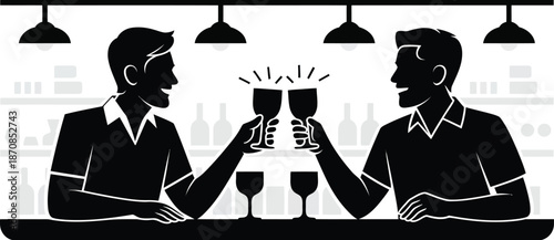 Two men celebrate a toast with wine glasses across a dimly lit.