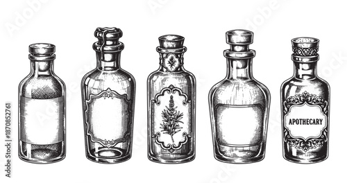 Apothecary bottle engraving illustration for herbal cosmetic branding