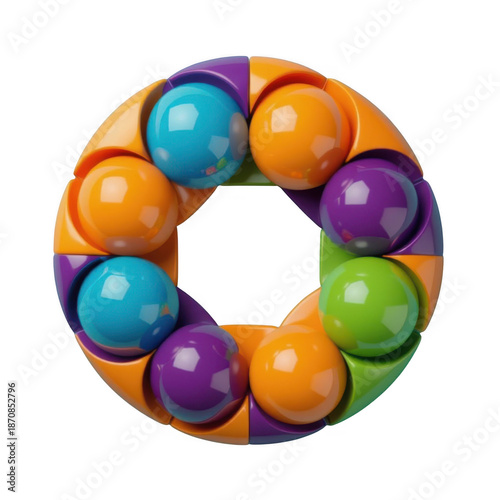 Colorful ring puzzle toy with rotating spheres and geometric segments isolated on transparent background