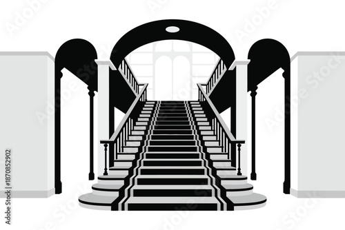 Grand staircase with sweeping double ascent leading toward an.