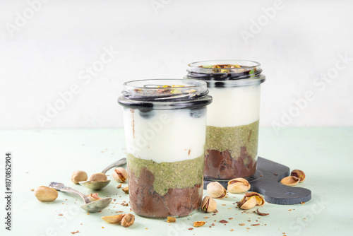 Bilde på lerret Dubai chocolate dessert cup, layered pistachio kadaif parfait cake