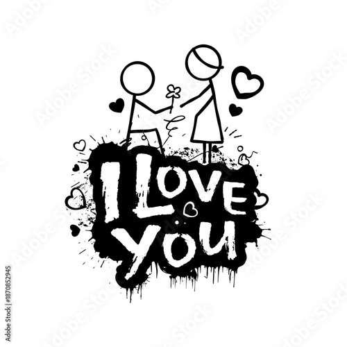 I love you graffiti illustration with stickman couple and hearts