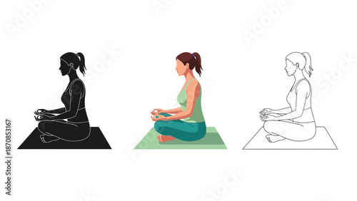 Collection of three distinct artistic styles depicting a woman meditating in a calm seated yoga position