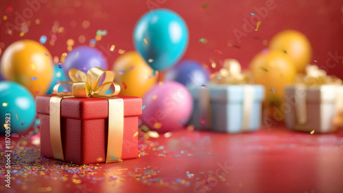 Red gift box with a golden ribbon bow on a festive background with colorful balloons and glitter. Concept of birthday, holidays, Black Friday sales, promotions, special offers, surprise gifts