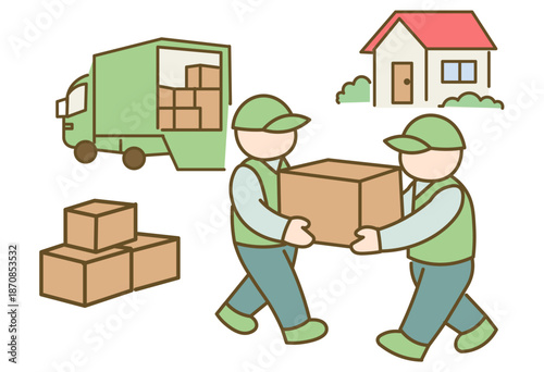 Moving Process Illustration Showing Delivery Truck, Workers Carrying Boxes And House Representing Relocation Service, Logistics Flow, Home Moving Support And Residential Transition Concept