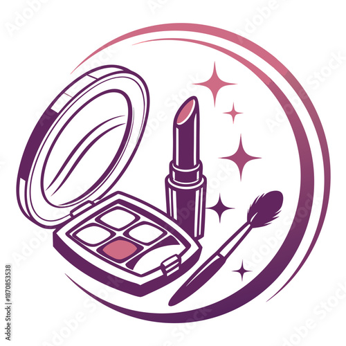 Cosmetic makeup kit with lipstick, eyeshadow palette, and brush  