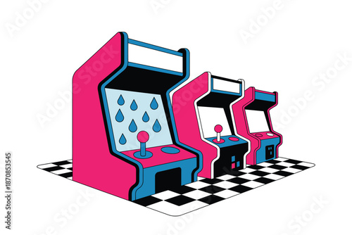 Arcade game cabinets line up on a checkered floor.