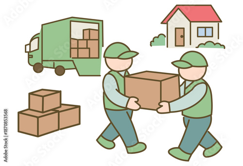 Moving Process Illustration Showing Delivery Truck, Workers Carrying Boxes And House Representing Relocation Service, Logistics Flow, Home Moving Support And Residential Transition Concept