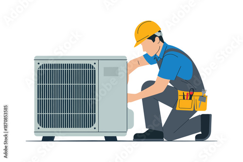 Technician in hard hat services an exterior air conditioning unit.