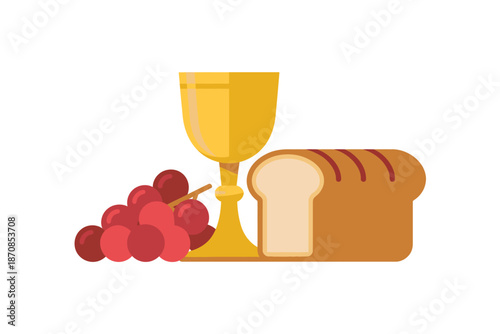 Golden communion chalice with grapes and a loaf of bread.