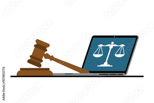 Digital legal services show gavel and scales on a computer screen.