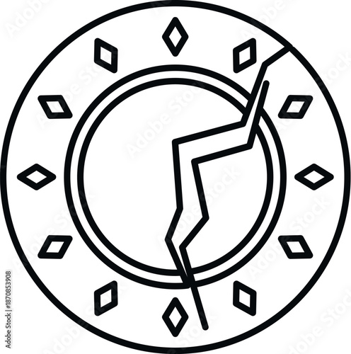 Broken ancient round amulet with cracks and decorative diamonds