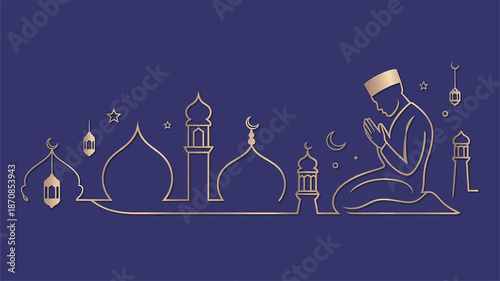 Premium Minimal Islamic Eid Illustration Featuring Gold Line Mosque and Prayer Theme
