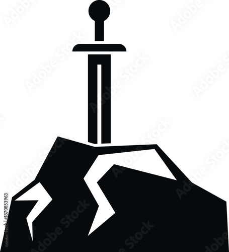 Sword stuck in a rock representing myth, power, and the king arthur legend