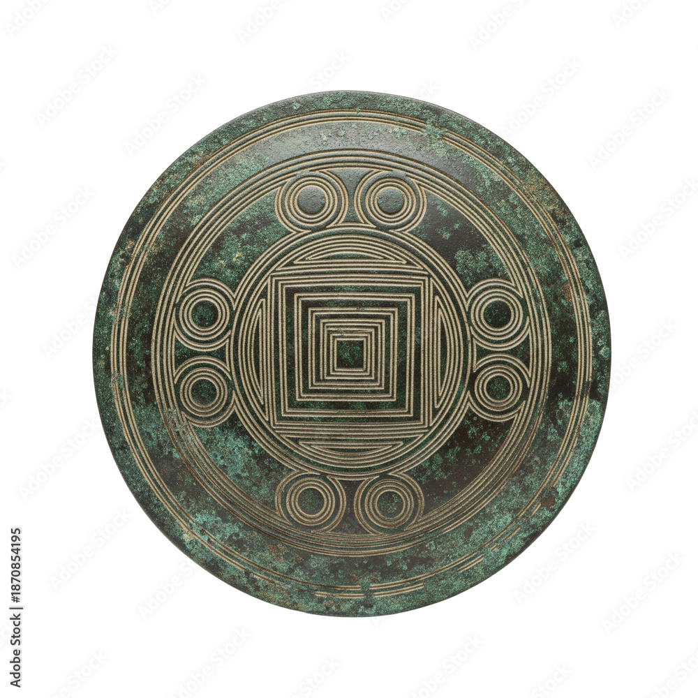 Fototapeta premium An isolated ancient bronze coin or medallion with intricate geometric designs and patterns, viewed from directly above.