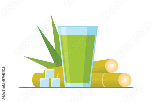 Glass of sugarcane juice sits beside raw stalks and ice cubes.