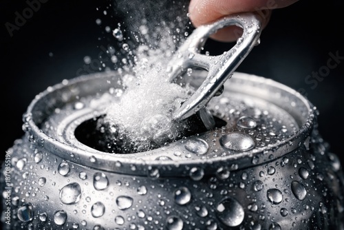 Ice Cold Beverage Can Opening with Condensation and Fizz (Macro)