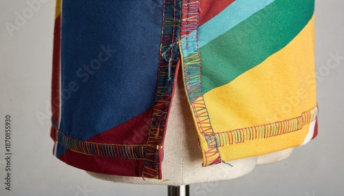 Medium shot focusing on contrast thread side seam details showcasing stylish edge accentuation and decorative stitching that enhances colorful fashion garments.