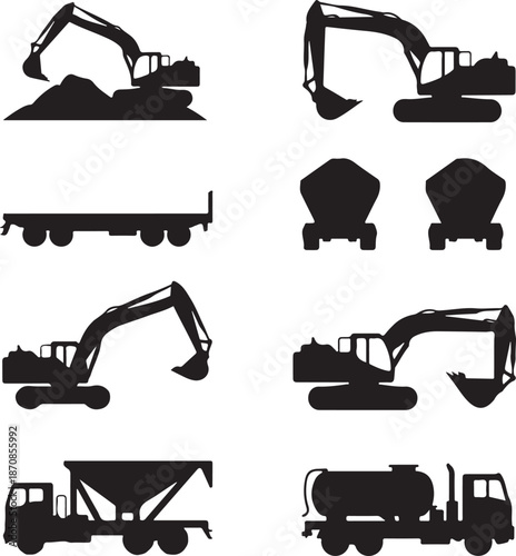 black silhouettes of construction vehicles and machinery on white background