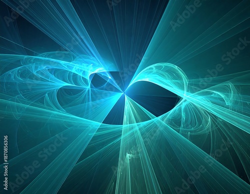 Geometric turquoise and teal light flares emanate from a central point